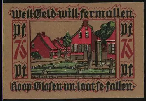 Notgeld Leer, 1920, 75 Pfennig, Illustration von Kaaks-Pütte und Adelsfrau in traditioneller Tracht