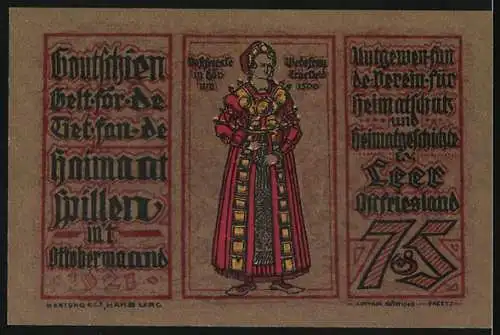 Notgeld Leer, 1920, 75 Pfennig, Illustration von Kaaks-Pütte und Adelsfrau in traditioneller Tracht