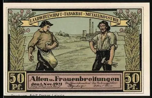 Notgeld Alten und Frauenbreitungen 1921, 50 Pf, Landwirtschaft und Flügelaltar Darstellung