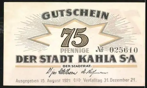 Notgeld Kahla 1921, 75 Pfennig, Stadtansicht und Spruch auf Vorderseite