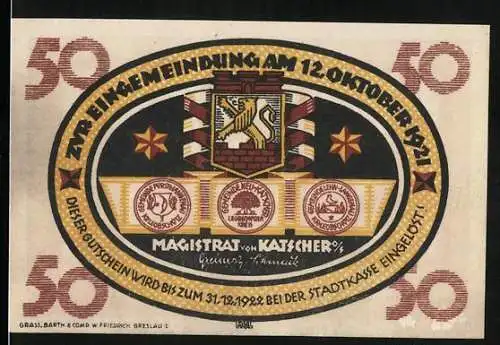 Notgeld Katscher 1921, 50 Pfennig, zur Eingemeindung am 12. Oktober 1921 mit städtischen Symbolen und Handschlag-Szenen