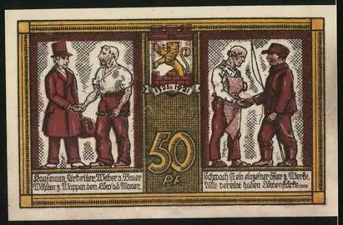 Notgeld Katscher 1921, 50 Pfennig, zur Eingemeindung am 12. Oktober 1921 mit städtischen Symbolen und Handschlag-Szenen