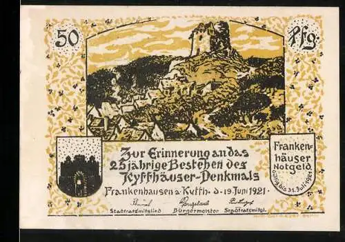 Notgeld Frankenhausen, 1921, 50 Pf, Kyffhäuser-Denkmal und Prinzessin Ilse mit Musikanten