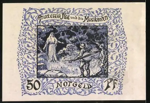 Notgeld Frankenhausen, 1921, 50 Pf, Kyffhäuser-Denkmal und Prinzessin Ilse mit Musikanten