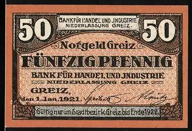 Notgeld Greiz 1921, 50 Pfennig, Bank für Handel und Industrie, Ansicht Justizgebäude