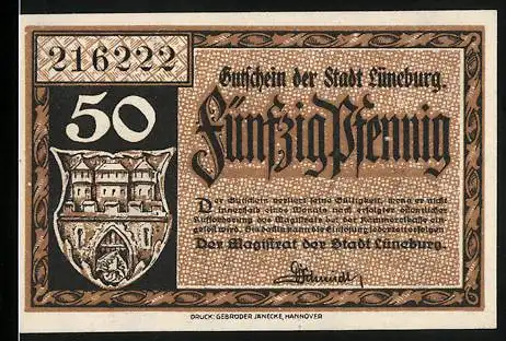 Notgeld Lüneburg, 50 Pfennig, Stadtsiegel und Rathausillustration