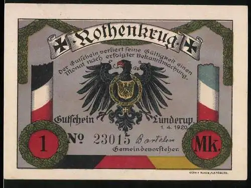 Notgeld Lunderup 1920, 1 Mark, Adler und Windmühle mit dänischer Flagge