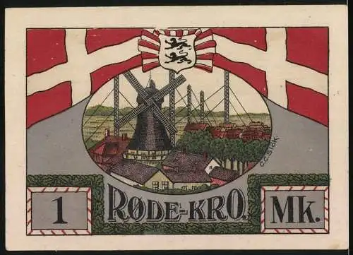 Notgeld Lunderup 1920, 1 Mark, Adler und Windmühle mit dänischer Flagge