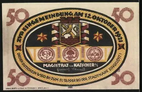 Notgeld Katscher, 1921, 50 Pf, Illustration von Geschäftsleuten und Arbeitern, Rückseite: Stadtwappen und Text zur Ein