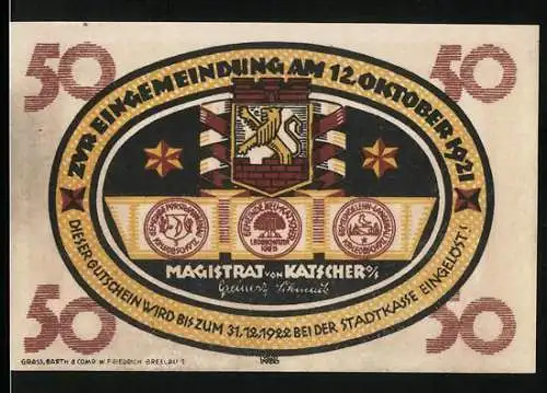 Notgeld Katscher 1921, 50 Pfennig, zur Eingemeindung am 12. Oktober 1921, beidseitig bedruckt mit Wappen und Figuren