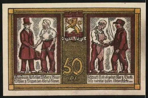 Notgeld Katscher 1921, 50 Pfennig, zur Eingemeindung am 12. Oktober 1921, beidseitig bedruckt mit Wappen und Figuren