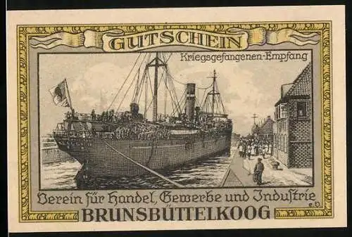 Notgeld Brunsbüttelkoog, 1922, 75 Pfennig, Kriegsgefangenen-Empfang und Wappen des Vereins