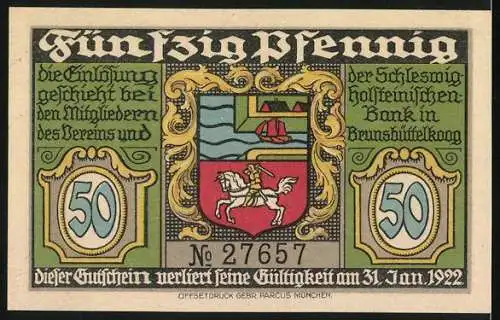 Notgeld Brunsbüttelkoog 1922, 50 Pfennig, Fähre und Stadtwappen, Gültigkeit bis 31. Jan. 1922