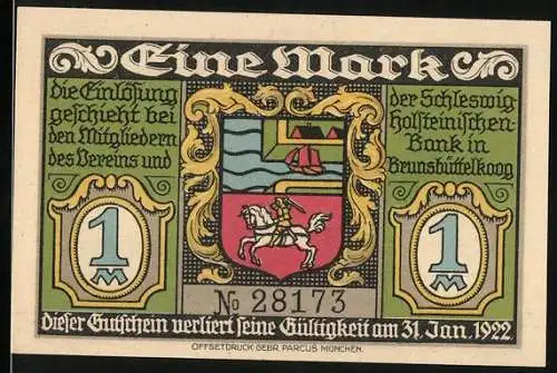 Notgeld Brunsbüttelkoog, 1922, Eine Mark, Schleswig-Holsteinische Bank, Schleuse Nordostsee-Kanal, Wappen, Stadtansicht