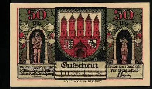 Notgeld Zerbst 1921, 50 Pf, Stadtansichten mit Türmen und zentralem B