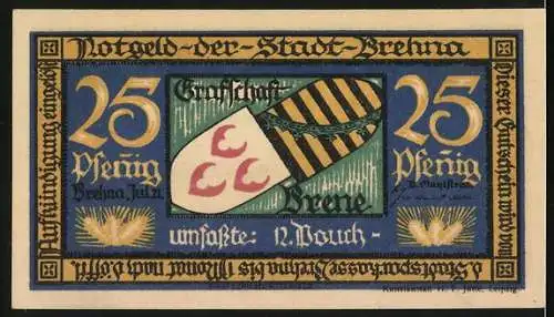 Notgeld Brehna, 1921, 25 Pfennig, Stadtansicht und Wappen, beige und blaue Gestaltung