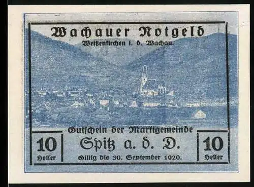 Notgeld Spitz a. d. Donau, 1920, 10 Heller, Gutschein der Marktgemeinde gültig bis 30. September 1920