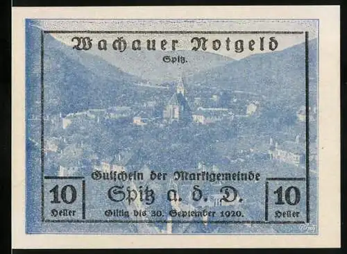 Notgeld Spitz 1920, 10 Heller, Gutschein der Marktgemeinde Spitz a. d. Donau, gültig bis 30. September 1920