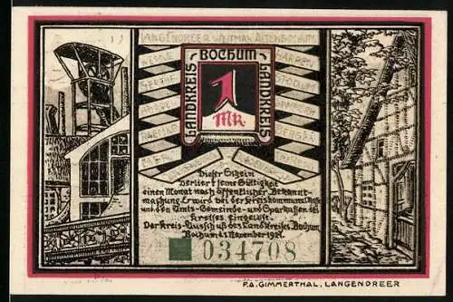 Notgeld Bochum 1921, 1 Mark, Industrie und Bergarbeiter-Motive, Landkreis Bochum