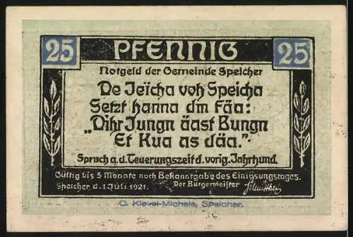 Notgeld Speicher, 1921, 25 Pfennig, Szene mit drei Männern in einer Stube und Spruch auf der Rückseite