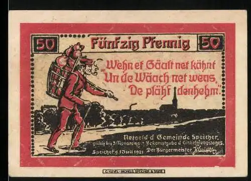 Notgeld Speicher 1921, 50 Pfennig, Rote Figur mit Rucksack und Spruch auf Rückseite, Handwerker und Bergmann