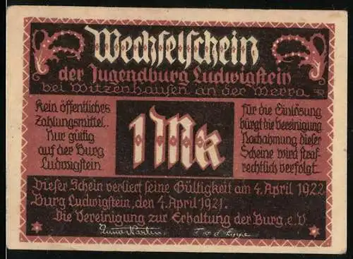 Notgeld Ludwigstein, 1921, 1 Mark, Wechselschein der Jugendburg, rotes Design mit Burg und Texten