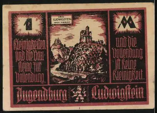 Notgeld Ludwigstein, 1921, 1 Mark, Wechselschein der Jugendburg, rotes Design mit Burg und Texten