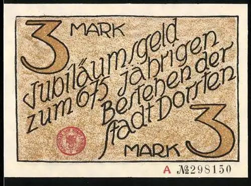 Notgeld Dorsten, 1926, 3 Mark, Jubiläumsgeld zum 675-jährigen Bestehen der Stadt, Stadtansicht mit Schriftzug