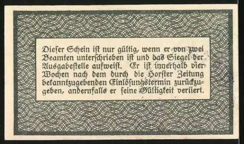 Notgeld Horst, 1917, 10 Pfennig, Kriegs-Notgeld mit Sicherheitsmerkmalen und Nutzungshinweisen auf Rückseite