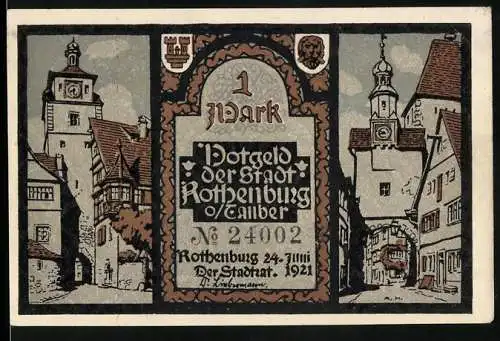 Notgeld Rothenburg o/Tauber, 1921, 1 Mark, historische Gebäude und Inschrift Die Liebe die Treue der Glaube das Recht