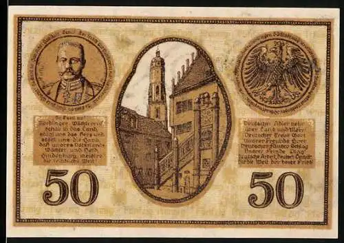 Notgeld Nördlingen 1917, 50 Pfennig, Gutschein über fünfzig Pfennig mit Stadtansichten und Porträts