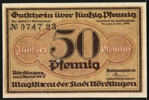 Notgeld Nördlingen 1917, 50 Pfennig, Gutschein über fünfzig Pfennig mit Stadtansichten und Porträts