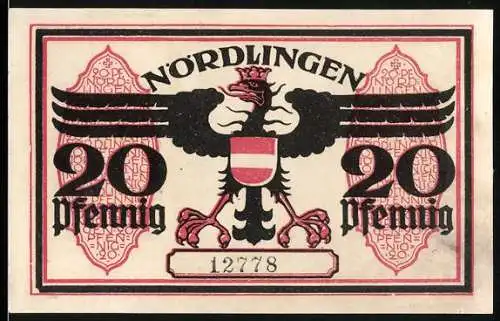 Notgeld Nördlingen, 1918, 20 Pfennig, Adler mit Wappen und Turm in der Stadtansicht