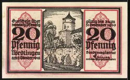 Notgeld Nördlingen, 1918, 20 Pfennig, Adler mit Wappen und Turm in der Stadtansicht