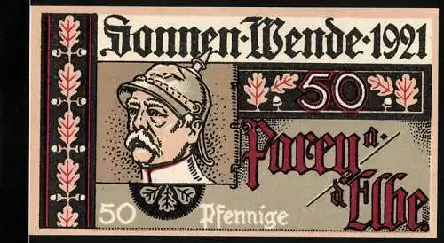 Notgeld Parey an der Elbe 1921, 50 Pfennig, Sonnen-Wende Bismarck Porträt und Eichenblatt-Muster