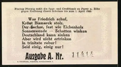 Notgeld Parey an der Elbe 1921, 50 Pfennig, Sonnen-Wende Bismarck Porträt und Eichenblatt-Muster