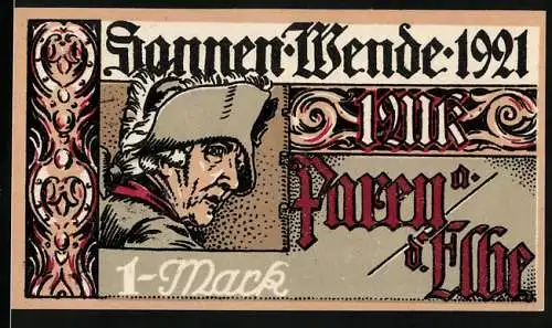 Notgeld Parey an der Elbe 1921, 1 Mark, Sonnenwende mit Friedrich dem Grossen, Ausgabe A, Nr. 09300