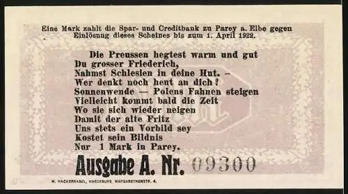 Notgeld Parey an der Elbe 1921, 1 Mark, Sonnenwende mit Friedrich dem Grossen, Ausgabe A, Nr. 09300