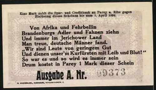 Notgeld Parey an der Elbe 1921, 1 Mark, Sonnen-Wende mit Gedicht und Mann mit Perücke