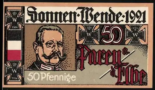 Notgeld Parey an der Elbe 1921, 50 Pfennig, Porträt Hindenburg mit Eisernem Kreuz und Gedicht von W. Wackernagel