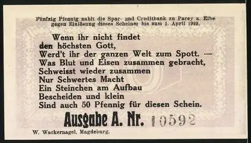 Notgeld Parey an der Elbe 1921, 50 Pfennig, Porträt Hindenburg mit Eisernem Kreuz und Gedicht von W. Wackernagel