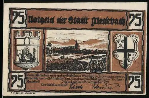 Notgeld Medebach 1921, 75 Pfennig, Landschaftsansicht, Stadtwappen, und Eisenbahn