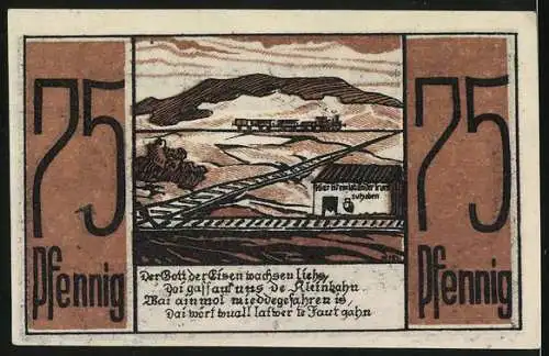 Notgeld Medebach 1921, 75 Pfennig, Landschaftsansicht, Stadtwappen, und Eisenbahn