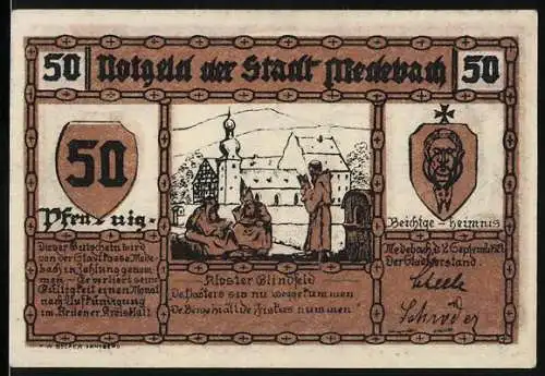 Notgeld Medebach 1921, 50 Pfennig, Klosterbild und Bauer bei der Ernte