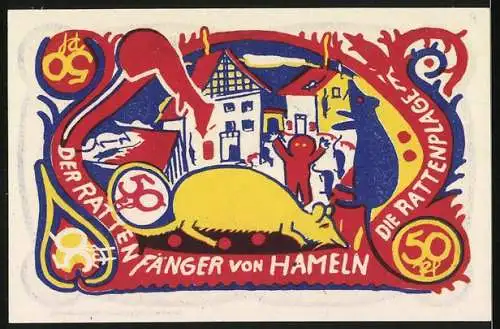 Notgeld Hameln, 1922, 50 Pfennig, Der Rattenfänger von Hameln, bunte Darstellung von Stadt und Ratten