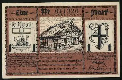 Notgeld Medebach, 1921, 1 Mark, Kampf auf dem Butterfelde und historische Gebäude