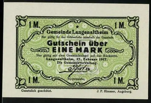 Notgeld Langenaltheim 1917, 1 Mark, Gutschein über eine Mark mit Gemeindesiegel und gesetzlich geschützt