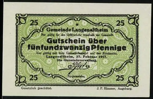 Notgeld Langenaltheim 1917, 25 Pfennig, Gutschein über fünfundzwanzig Pfennige, grün mit Gemeinde- und Reichssiegel