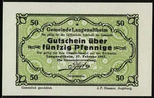 Notgeld Langenaltheim 1917, 50 Pfennig, Gutschein über fünfzig Pfennige, grün mit Gemeindesiegel auf der Rückseite