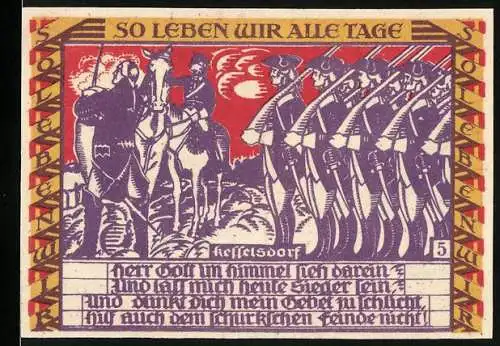 Notgeld Dessau, 1921, 50 Pfennig, Soldaten mit Gewehren und Reitern, Stadtansicht und textuelle Elemente